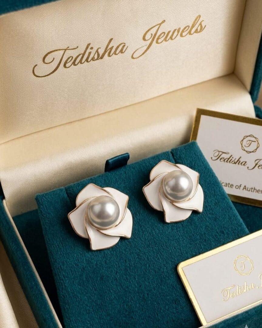 floral white studs earrings from tedisha Jewels